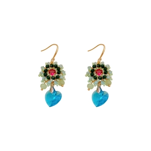 Vintage floral heart drop earrings with colorful beads and blue crystal pendant