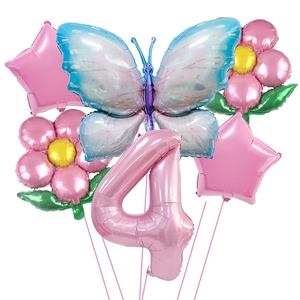 Pink and blue butterfly 40-inch number 4 balloon set with flower and star foil balloons