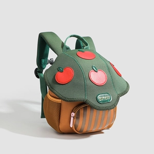 Kinder-Rucksack im Pilzdesign, Dunkelgrün und Braun mit seitlicher Netztasche für Kita