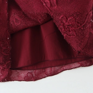 Burgundy halter mini dress with 3D floral lace mesh and sequined flocking details