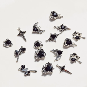 Silver alloy gothic heart cross and wing pendants with black stones for DIY jewelry