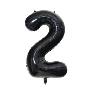 Detail of 40-inch black number 2 foil balloon with reflective metallic finish for parties