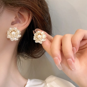 Flower Cluster Earrings With Artificial Pearl And Resin Petals Silver Earring Post Elegant Jewelry For Women
