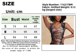 Size chart for sleeveless distressed knit bodysuit with U-neck and stitching details