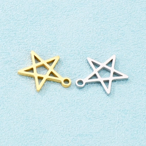Detailed view of hollow 16mm star-shaped pendants in gold and silver metallic finishes