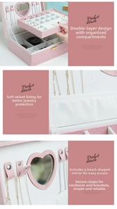 Detailed features of multi-layer jewelry box with heart mirror and flocking lining