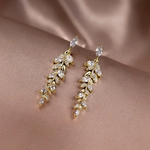 Elegant Leaf Dangle Earrings Copper Marquise Cubic Zirconia Wheat Ear Drop Jewelry For Women Wedding Party Prom