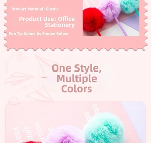 Detailed view of colorful plush pom pom toppers on cute plastic office ballpoint pens