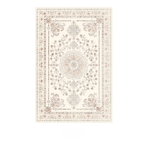 Detailed top-down view of a rectangular Persian floral pattern rug in beige and brown