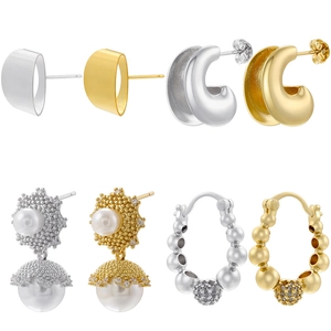 Brass Artificial Pearl Zircon Earrings Vintage French Style Minimalist Geometric C Shaped Stud Hoop Jewelry For Women