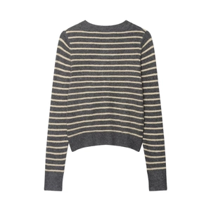 Women's classic striped knit sweater in grey and white featuring soft ribbed cuffs