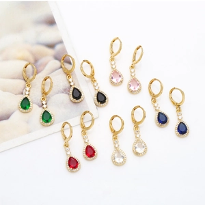 Fashionable gold earrings with colorful pear-shaped drop pendants and cubic zirconia