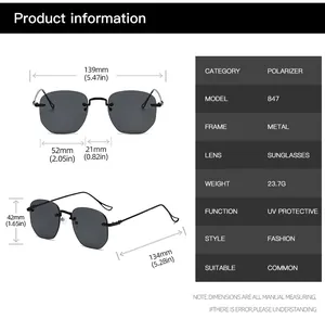 Detailed size specifications chart for rimless trendy fashion sunglasses with metal frame