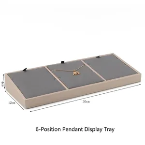 Grey velvet jewelry display tray for 6 pendants with beige frame 30x12x4cm size