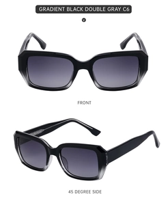 Detailed front and side view of premium thick black square frame sunglasses with gradient gray lenses