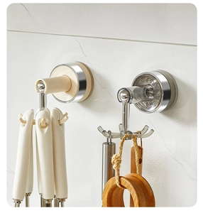 Detail showing 360-degree rotating kitchen hooks with strong suction cup on wall