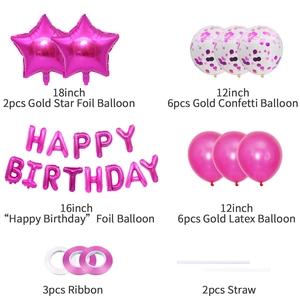 Lot détaillé de ballons étoiles rose rouge, ballons à paillettes et lettres joyeux anniversaire