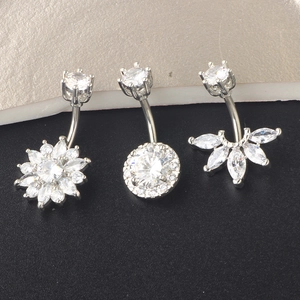 Three-piece silver belly button ring set with diverse zircon flower and marquise shapes