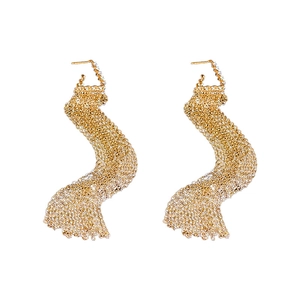 Elegant gold-tone wave long tassel earrings with sparkling zircon triangle accents