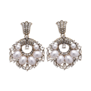 Vintage gold hollow round earrings with faux pearls and crystals in a floral design