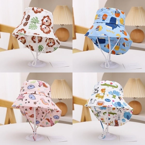 Kids Sun Hat Polyester Cartoon Animal Print Adjustable Neck Flap Bucket Hat For Toddler Boys Girls Outdoor Beach