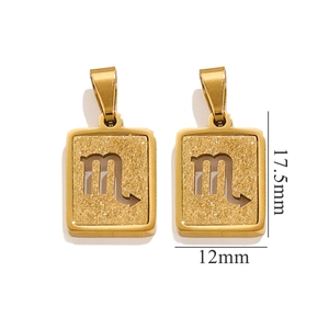 Macro view of rectangular Scorpio zodiac pendants with gold sandblasted finish and 18K plating
