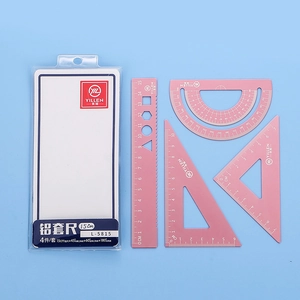 Pink aluminum 4-piece stationery set with ruler, protractor and triangle in plastic case