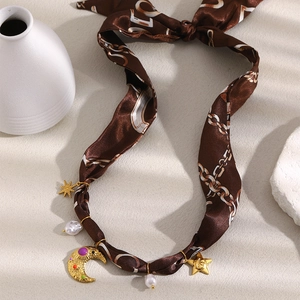 Vintage 18K gold plated moon star necklace with silk scarf and pearl accents