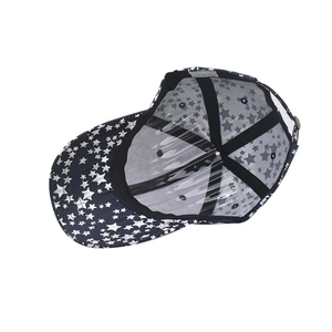 Internal detail of a blue star print cotton baseball cap with adjustable metal buckle