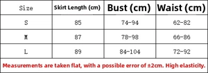 Size chart showing dress length, bust, and waist measurements for red ruched bodycon dress