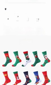 Detailed grid of Christmas crew socks featuring Santa, reindeer, and cedar prints