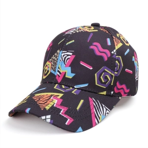 Classic black baseball cap featuring retro 90s geometric patterns and colorful abstract prints