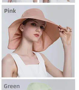 Detail of sun hat with neck flap in pink and light mint green quick-drying fabric