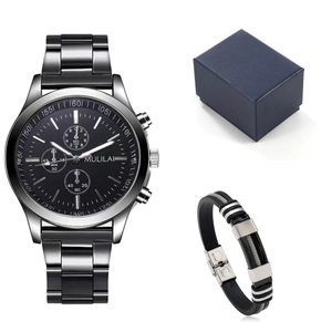 Coffret montre homme à quartz avec bracelet en métal noir et gourmette assortie