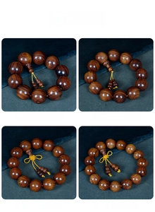 Vue comparative de perles bouddhistes en bois de rose en quatre tailles avec textures