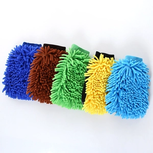 Set of five colorful chenille microfiber car wash mitts in vibrant assorted colors