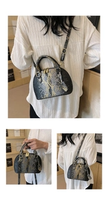 Three-view display of black snake pattern shell bag with golden hardware and strap