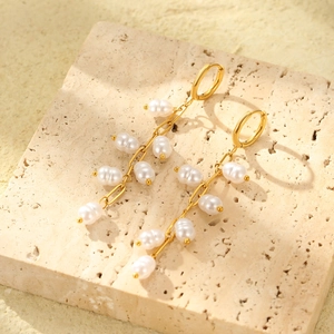 Baroque pearl grape cluster long fringe earrings in gold finish for women's jewelry