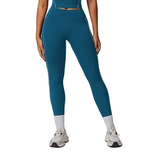 Pantalones de yoga azul pavo real de cintura alta con ribetes blancos para deporte mujer