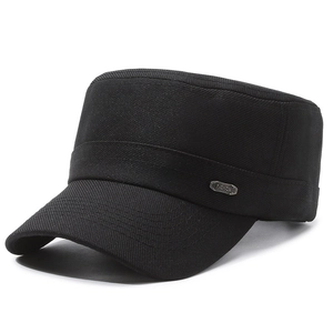 Classic black flat top cotton patrol cap with fashion metal tag for outdoor men's sun protection