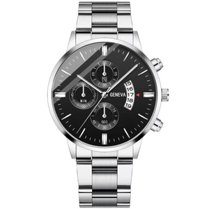 Minimalist men's business quartz watch with silver steel strap and black chronograph dial