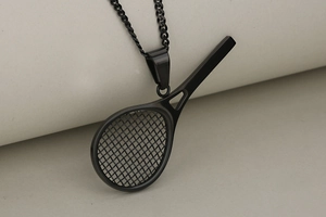 Detail of creative black stainless steel tennis racket pendant with clear mesh texture