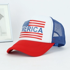Detail of red, white and blue American flag trucker hat with 'MERICA print and mesh back