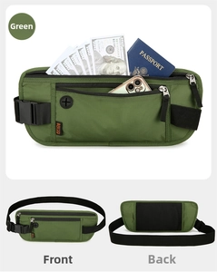 Detailed views of a green RFID-blocking running waist pack with multiple storage pockets