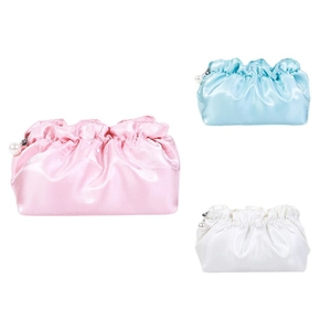 Elegant satin pleated cloud makeup bags in pink blue and white colors for travel storage