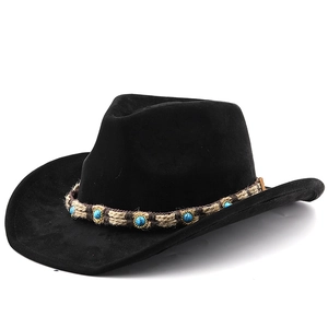 Chapeau de cowboy bohème en suédine noire avec bande ethnique ornée de turquoise
