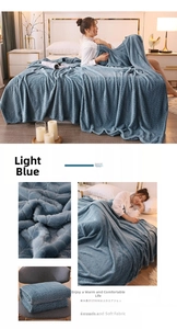 Detail of pale blue coral fleece blanket with embossed leaf pattern texture and plush pile