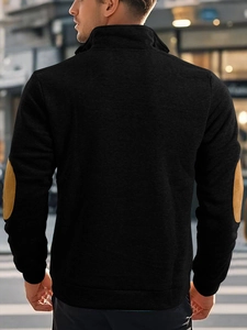 Detailed back view of men's black stand collar sweatshirt with brown elbow patches