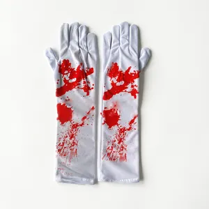 Detailed view of long white Halloween gloves featuring realistic red blood splatter effects