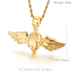 Détails du pendentif tête de mort ailes d'ange en acier doré avec poids de 26g